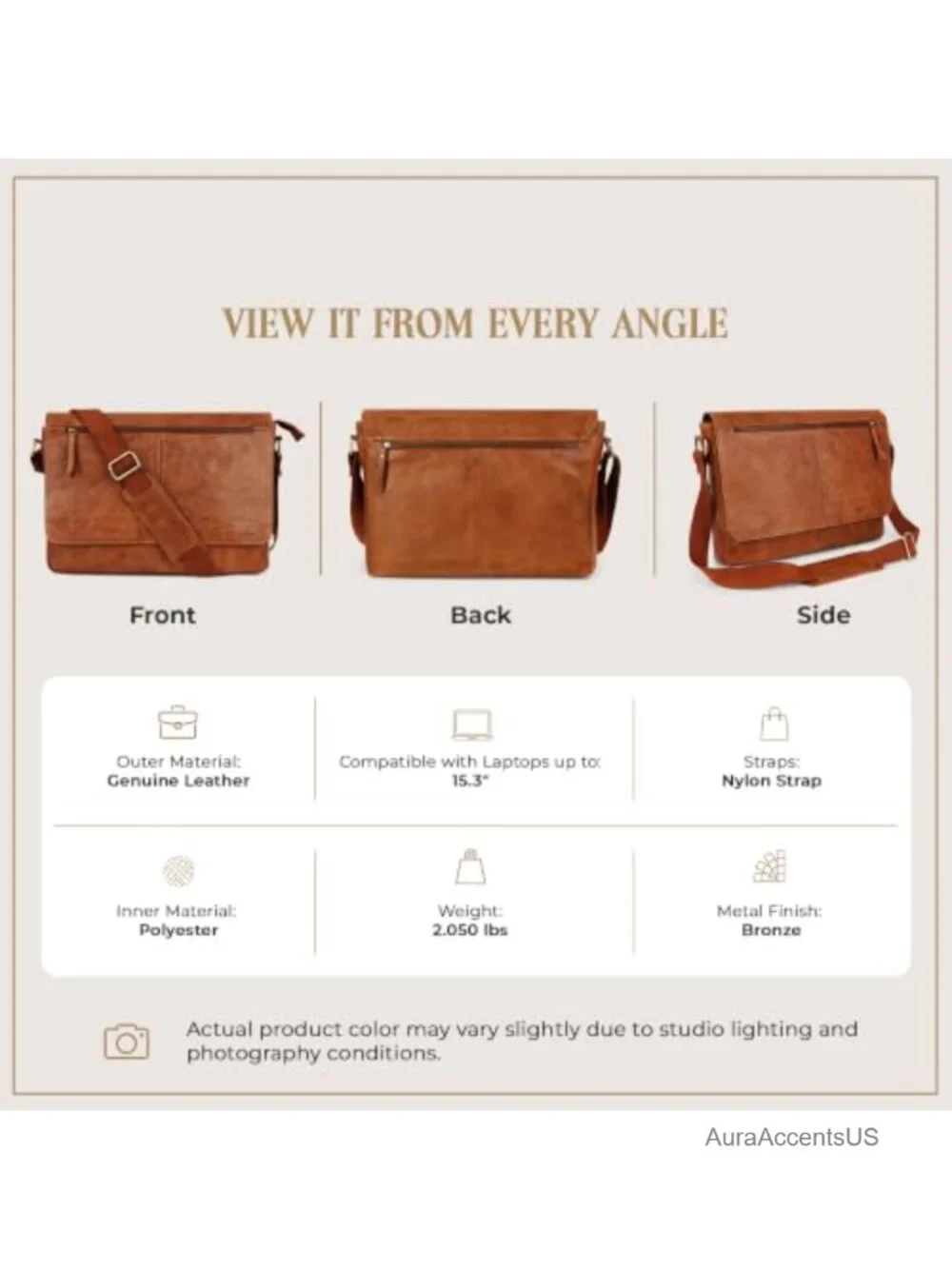 Genuine Leather Messenger Bag Laptop 15in Crossbody Work Office